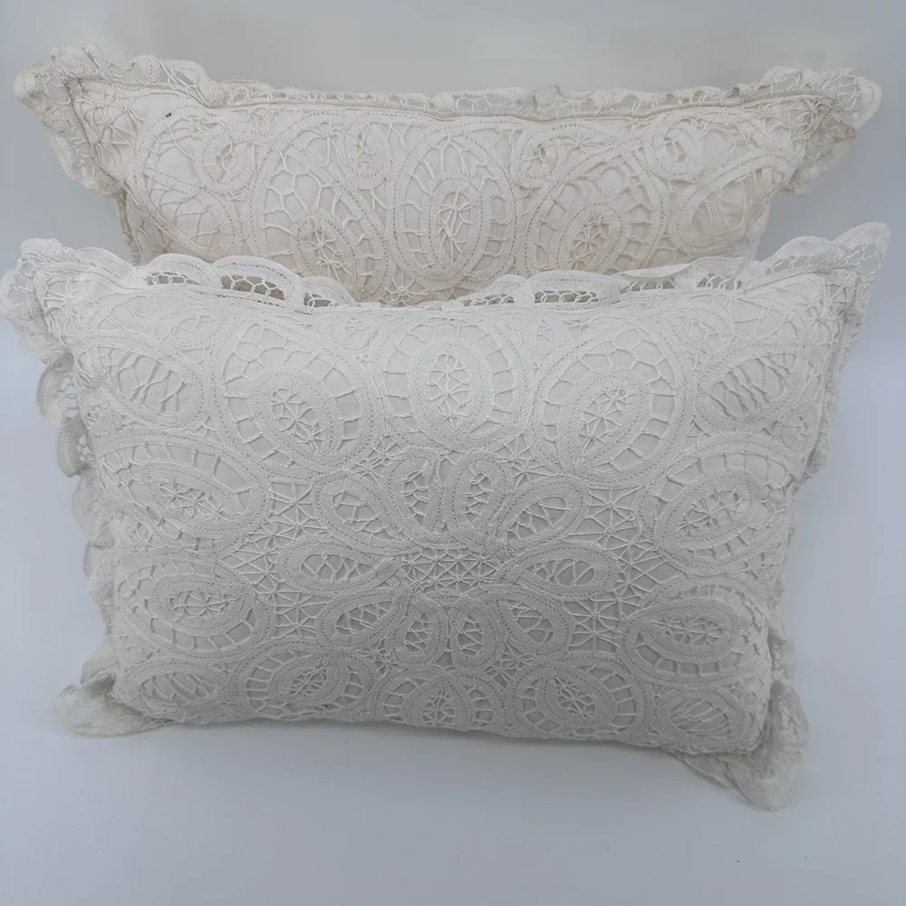Vintage Keeco Battenberg Lace Pillows 12x18 Mismatched Pair White Cream Cottage